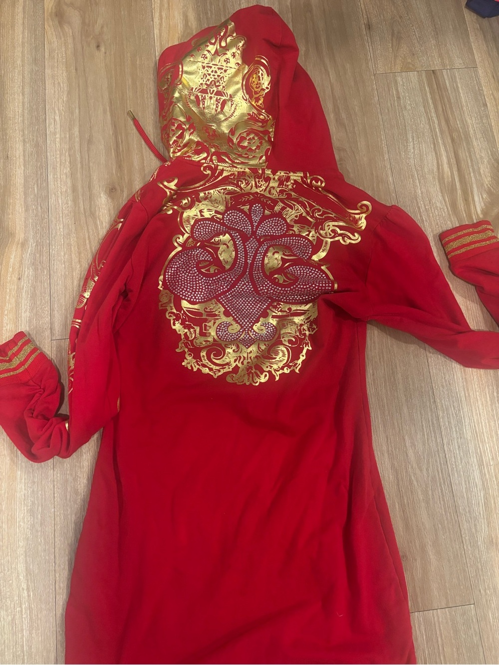 Red dereon Hoodie with Gold Baroque Foil Accents - Picture 4 of 4